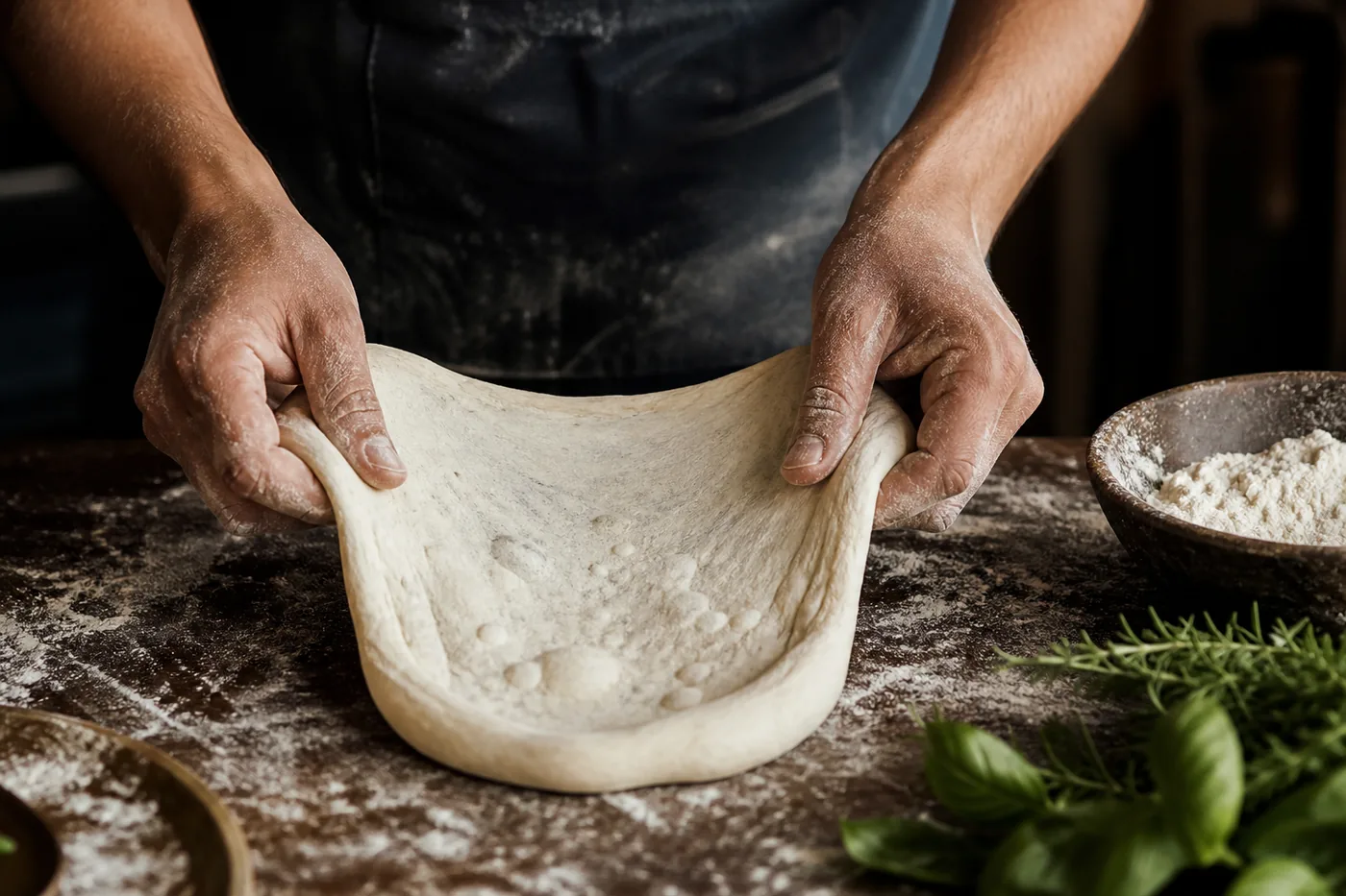 Manos estirando una masa de pizza fermentada